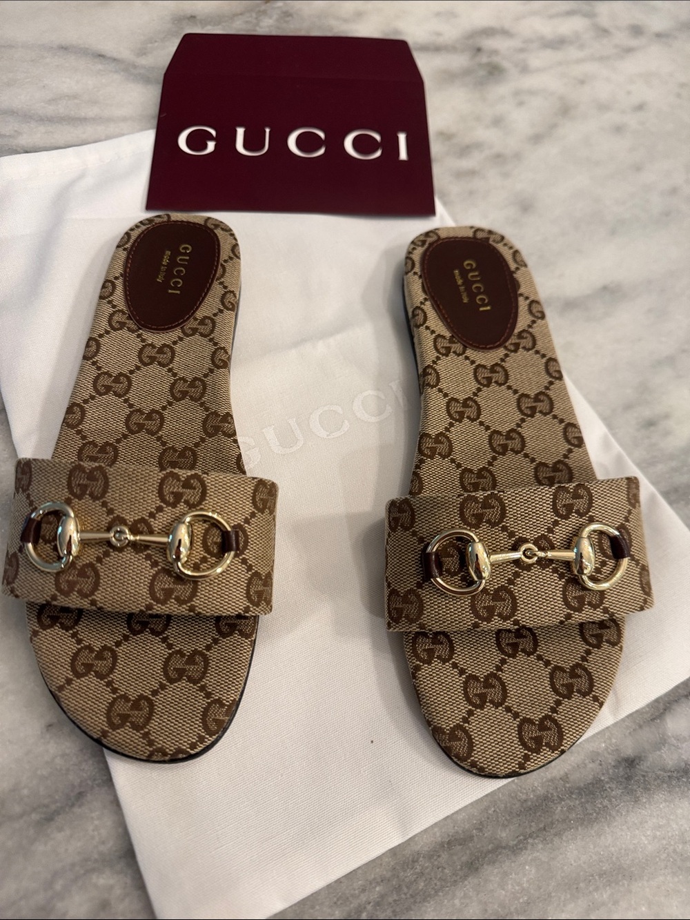 Gucci Beige Brown GG Canvas Horsebit Slide Sandals